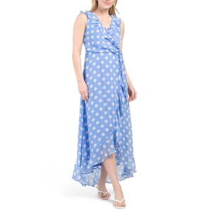 LONDON TIMES Blue/white Side Tie Ruffle Faux Wrap Maxi Dress